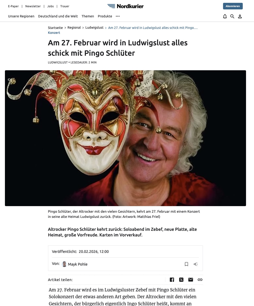 Am 27. Februar wird in Ludwigslust alles schick mit Pingo Schlüter